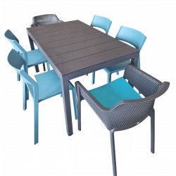 ENSEMBLE D'EXTÉRIEUR BLEU ET GRIS, CHAISES, FAUTEUILS TABLE