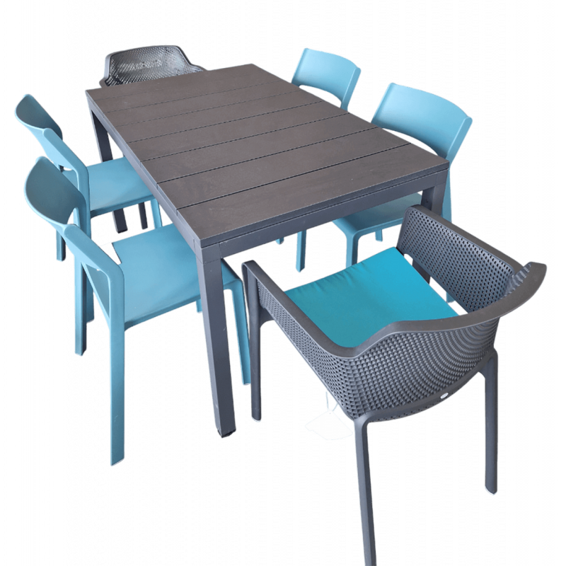 ENSEMBLE D'EXTÉRIEUR BLEU ET GRIS, CHAISES, FAUTEUILS TABLE