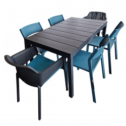 ENSEMBLE D'EXTÉRIEUR BLEU ET GRIS, CHAISES, FAUTEUILS TABLE