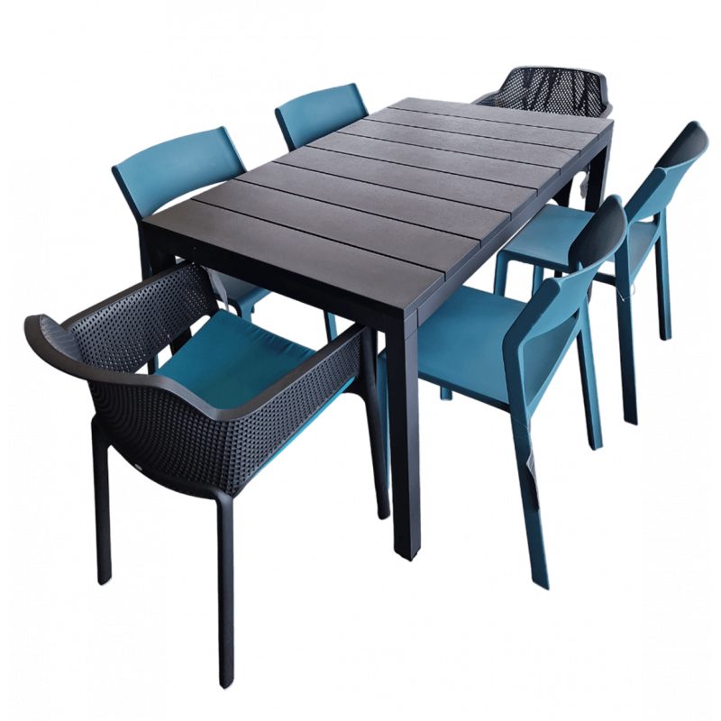 ENSEMBLE D'EXTÉRIEUR BLEU ET GRIS, CHAISES, FAUTEUILS TABLE