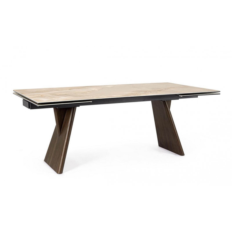 TABLE EXTENSIBLE EN CÉRAMIQUE MARBRE BRILLANT MAIKKI PIEDS BOIS