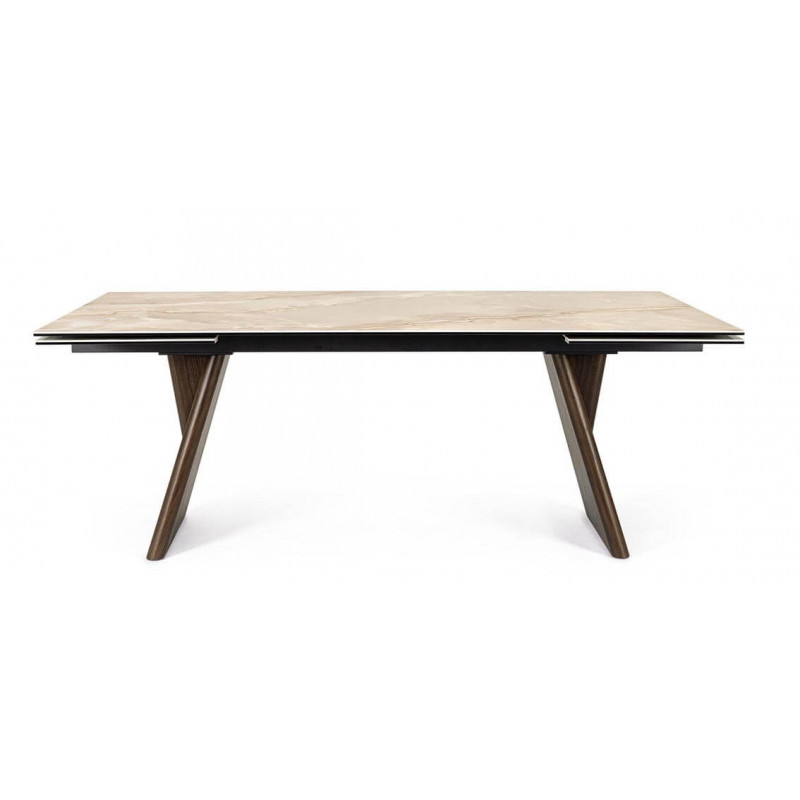 TABLE EXTENSIBLE EN CÉRAMIQUE MARBRE BRILLANT MAIKKI PIEDS BOIS