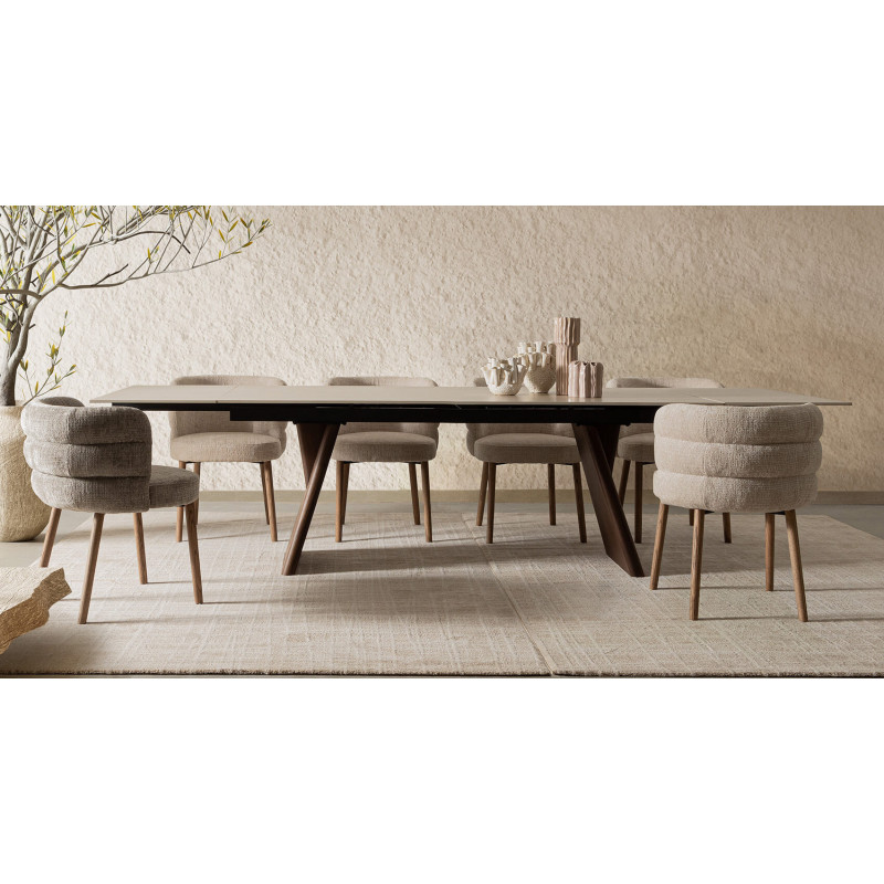 TABLE CÉRAMIQUE EXTENSIBLE EN TRAVERTIN ET NOYER MAIKKI