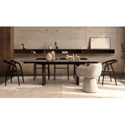 TABLE EN CÉRAMIQUE EXTENSIBLE TRAVERTIN ET PIEDS NOYER MAILIS