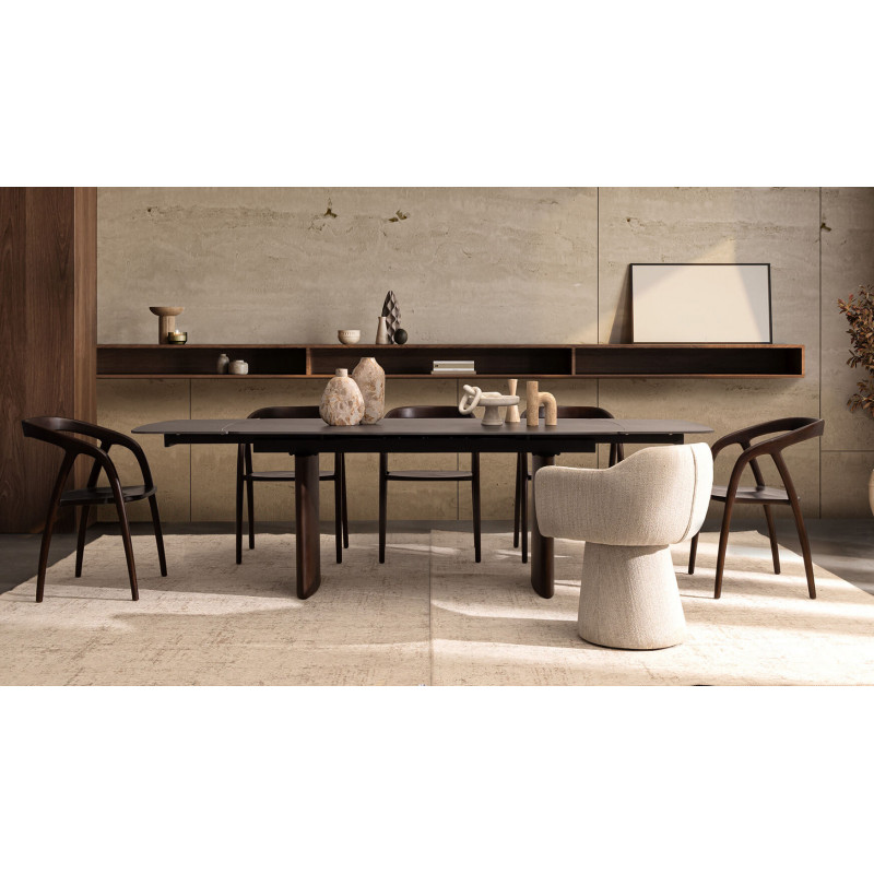 TABLE EN CÉRAMIQUE EXTENSIBLE TRAVERTIN ET PIEDS NOYER MAILIS