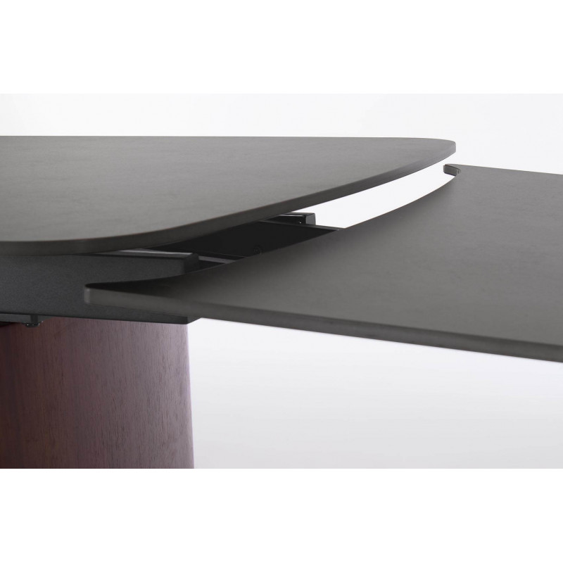 TABLE EN CÉRAMIQUE EXTENSIBLE TRAVERTIN ET PIEDS NOYER MAILIS