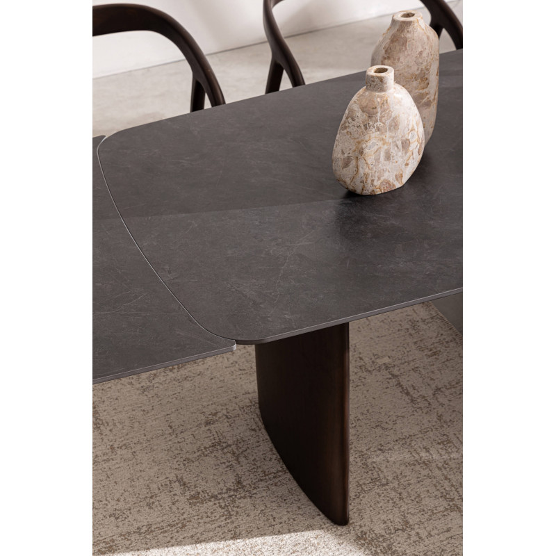 TABLE EN CÉRAMIQUE EXTENSIBLE TRAVERTIN ET PIEDS NOYER MAILIS