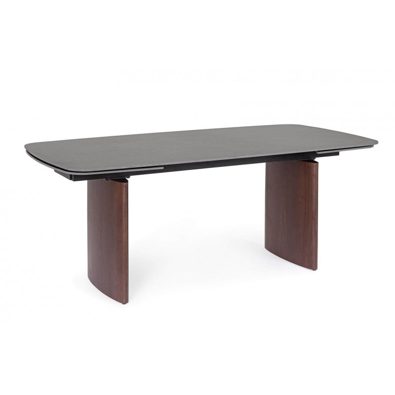 TABLE EN CÉRAMIQUE EXTENSIBLE TRAVERTIN ET PIEDS NOYER MAILIS