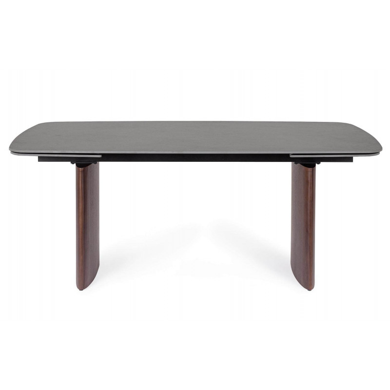 TABLE EN CÉRAMIQUE EXTENSIBLE TRAVERTIN ET PIEDS NOYER MAILIS