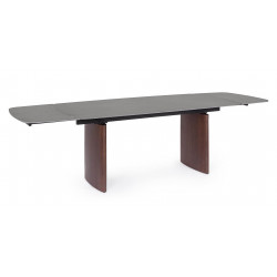 TABLE EN CÉRAMIQUE EXTENSIBLE TRAVERTIN ET PIEDS NOYER MAILIS