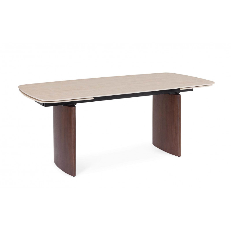 TABLE EN CÉRAMIQUE EXTENSIBLE TRAVERTIN ET PIEDS NOYER MAILIS