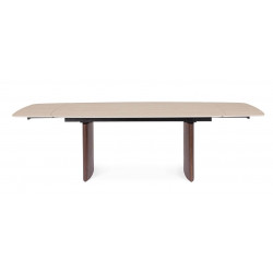 TABLE EN CÉRAMIQUE EXTENSIBLE TRAVERTIN ET PIEDS NOYER MAILIS