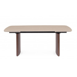 TABLE EN CÉRAMIQUE EXTENSIBLE TRAVERTIN ET PIEDS NOYER MAILIS