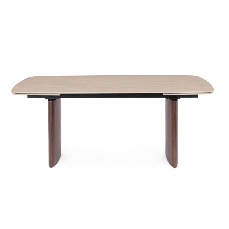 TABLE EN CÉRAMIQUE EXTENSIBLE TRAVERTIN ET PIEDS NOYER MAILIS