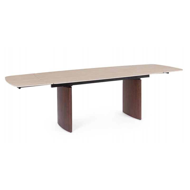 TABLE EN CÉRAMIQUE EXTENSIBLE TRAVERTIN ET PIEDS NOYER MAILIS