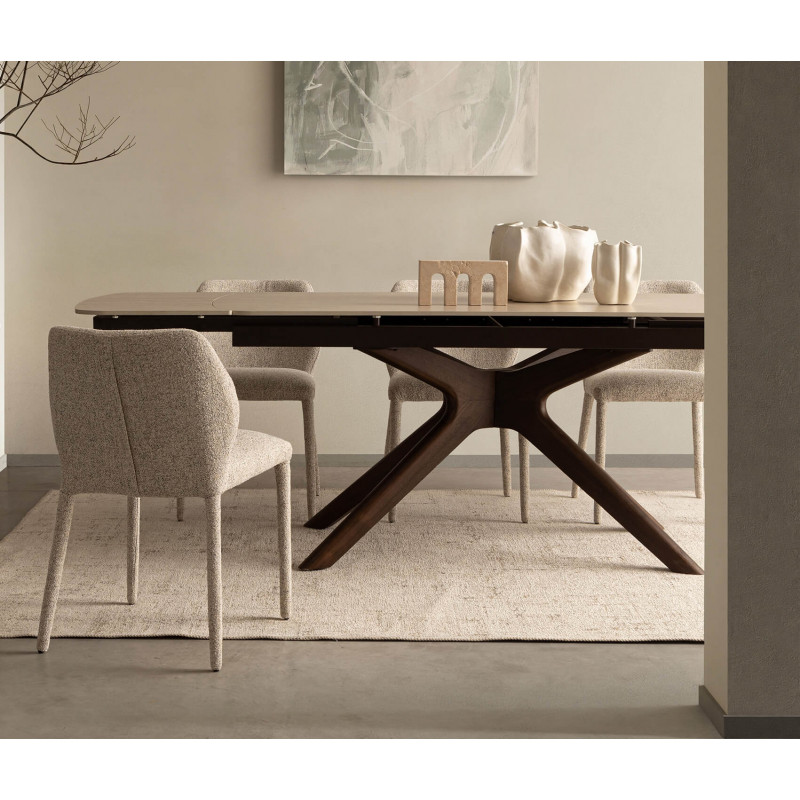 TABLE EN CÉRAMIQUE travertin EXTENSIBLE PIEDS NOYER MARITTA