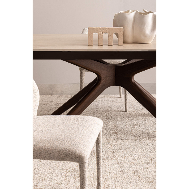TABLE EN CÉRAMIQUE travertin EXTENSIBLE PIEDS NOYER MARITTA