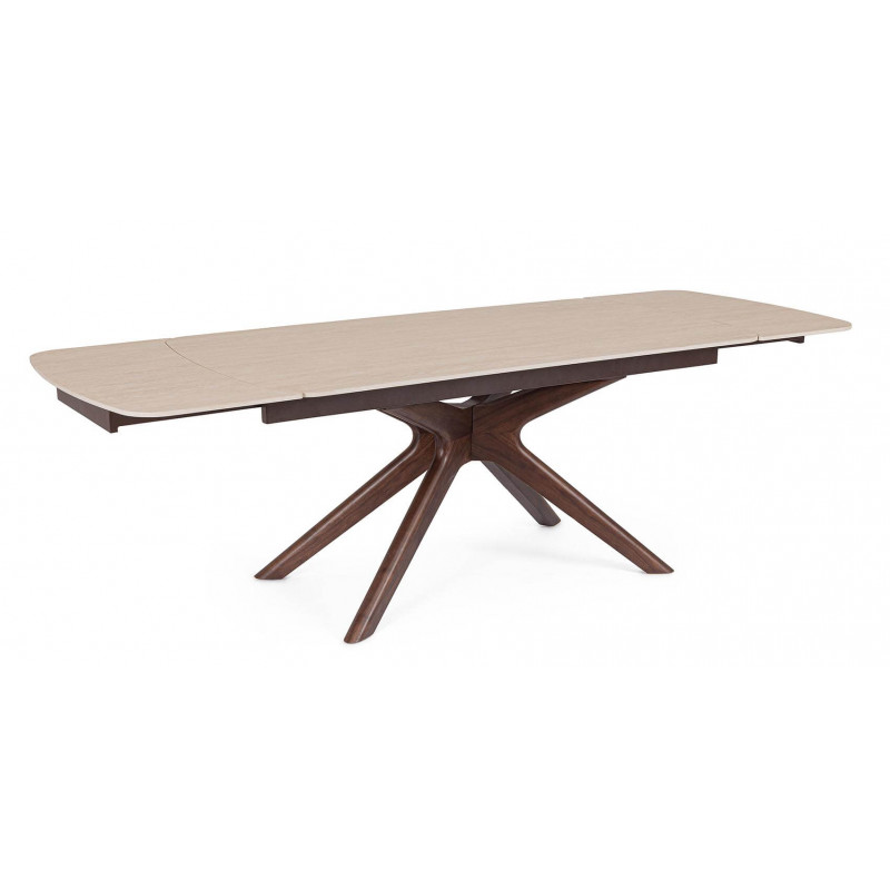 TABLE EN CÉRAMIQUE travertin EXTENSIBLE PIEDS NOYER MARITTA